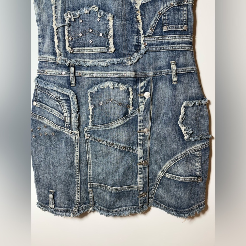 Deadstock Vtg 90s Y2K Platinum Plush Denim Patchwork Studded Jean Mini Dress - Picture 4 of 10
